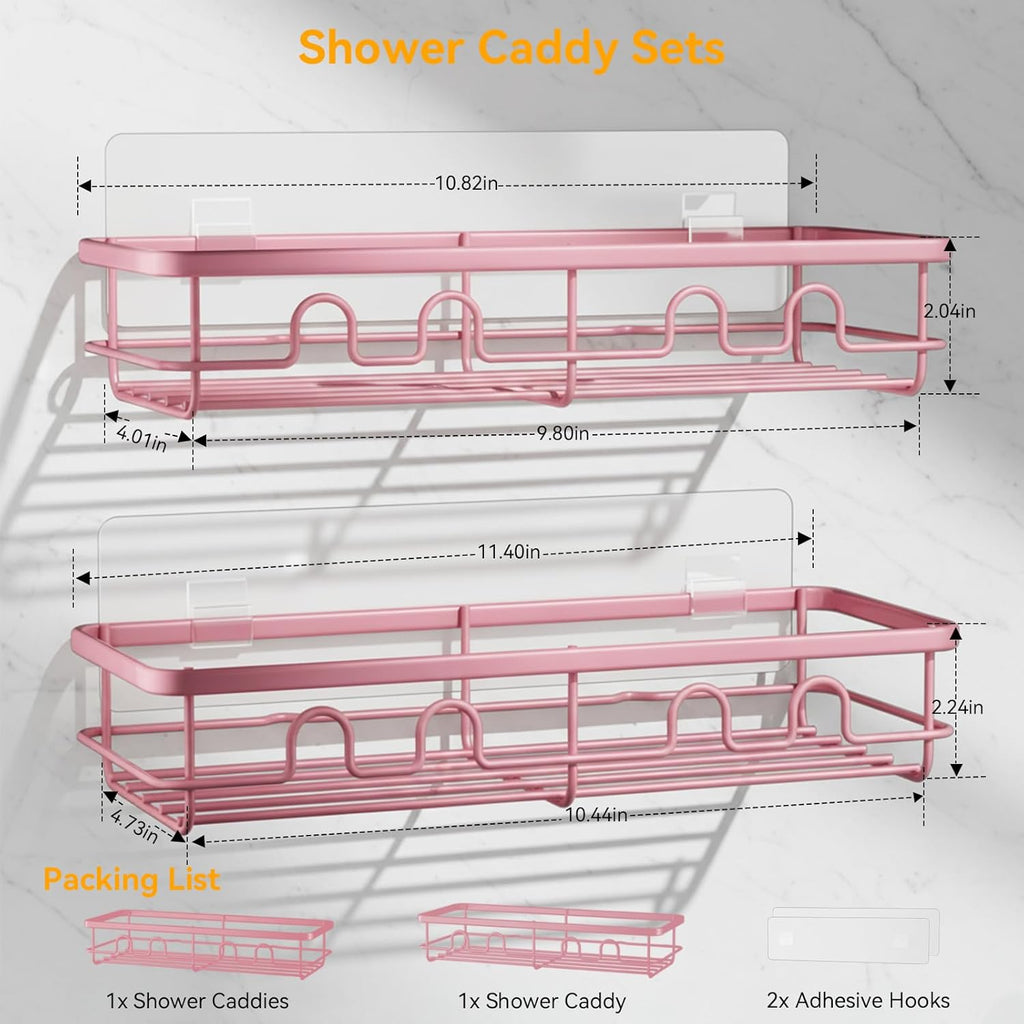 Skiennix Adhesive Shower Caddy - Large Capacity No Drill Bathroom Organizer | 2 Pack Pink Shelves