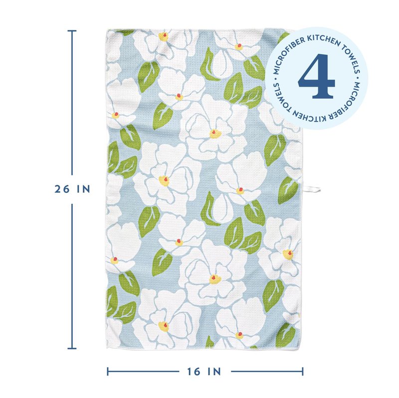 ELYN Microfiber Kitchen Dish Towel Set, Quick-Dry & Absorbent Waffle Weave Cleaning Towels, Set of 4 Kitchen Towels, Paper Towels Alternative (Magnolias & Stripe)