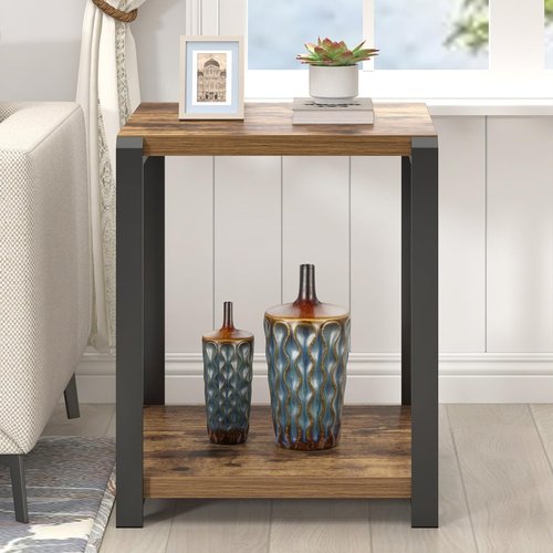 EXCEFUR End Table with Storage Shelf, Modern Side Table for Living Room, Wood and Metal Bedside Table Nightstand, Rustic Brown