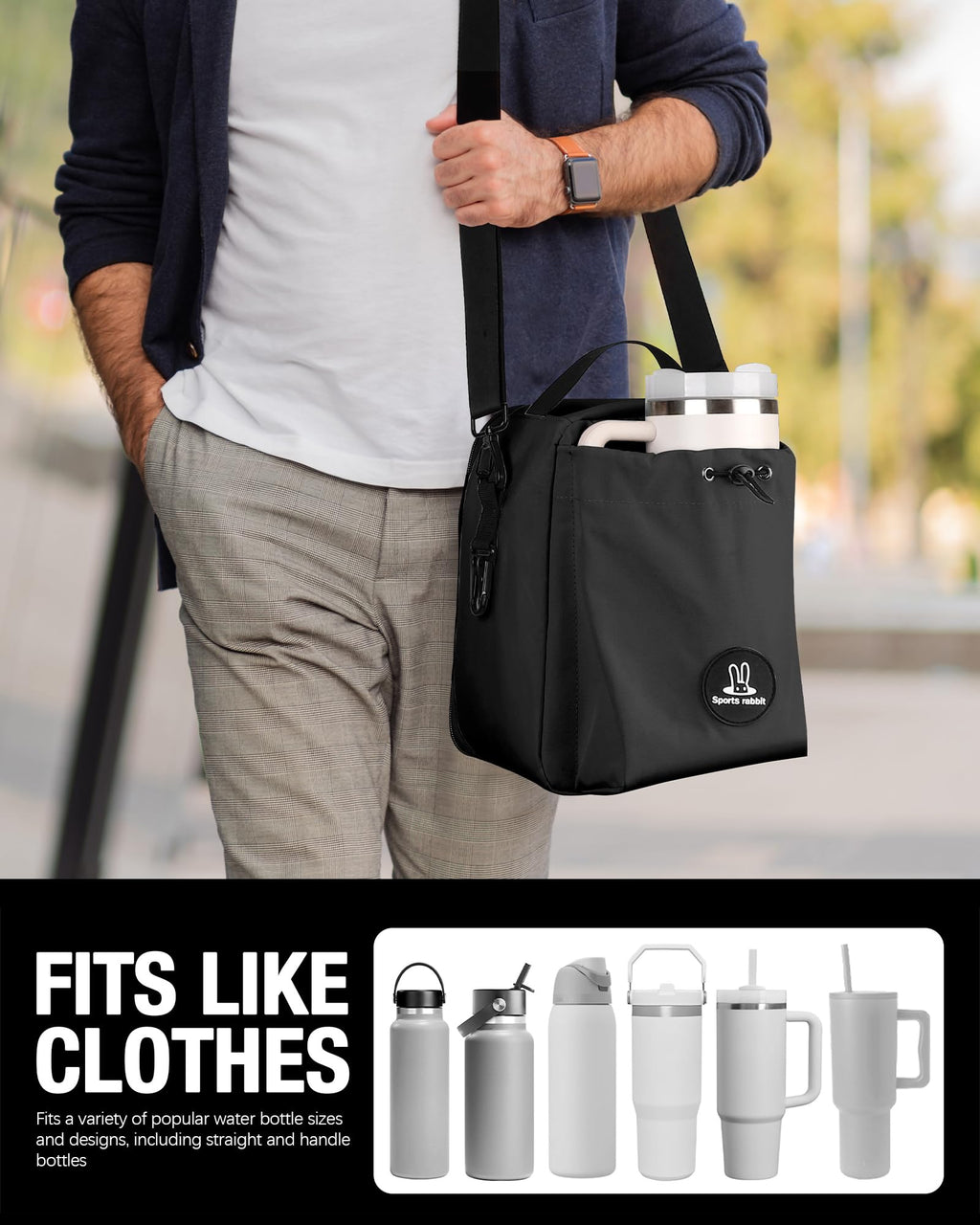 Sports Rabbit Insulated Lunch Bag for Men & Women – Lunch Bag with Water Bottle Holder, Compatible with Owala & 40/30oz Stanley Cups, Adjustable Crossbody Strap – Ideal for Work Travel Picnics (Black)