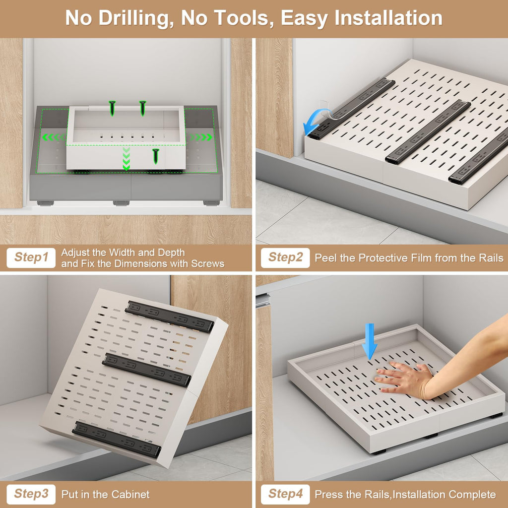 Pull out Cabinet Organizer,Expandable Width(11"-16"),Depth(17"-24") with 3 Rails,Roll out Drawers,No Drill Adjustable Slide out Shelves for Kitchen,Pantry,for Both Lip and Lip-Free Cabinets,White(1PC)