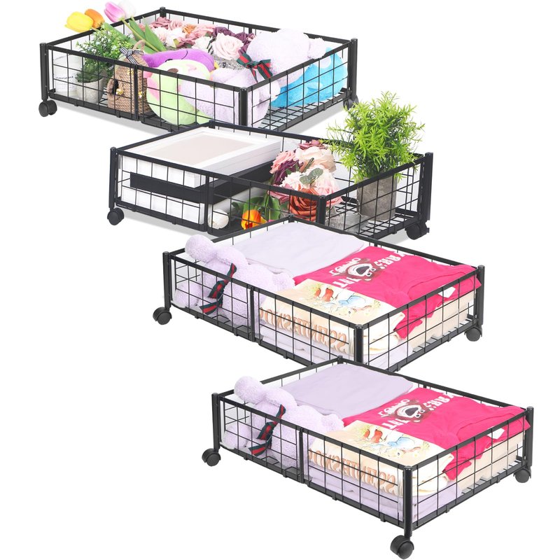 Kmise Underbed Storage With Wheels,Metal Under Bed Storage Containers For Bedroom Clothes Blankets Toy Book Bedding Shoes Storage Organizer (4 Pcs, Black)