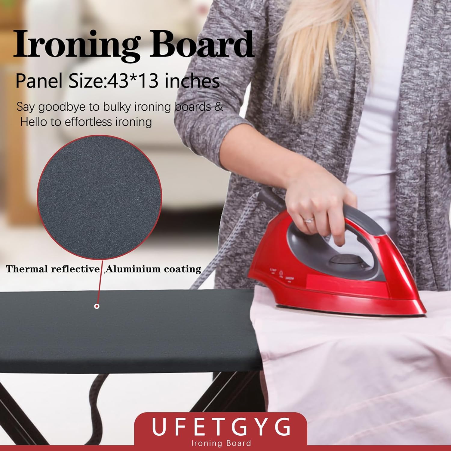 UFETGYG Ironing Board - Height Adjustable Metal Panel | 43" x 13" | Heat Resistant & Heavy Duty Design