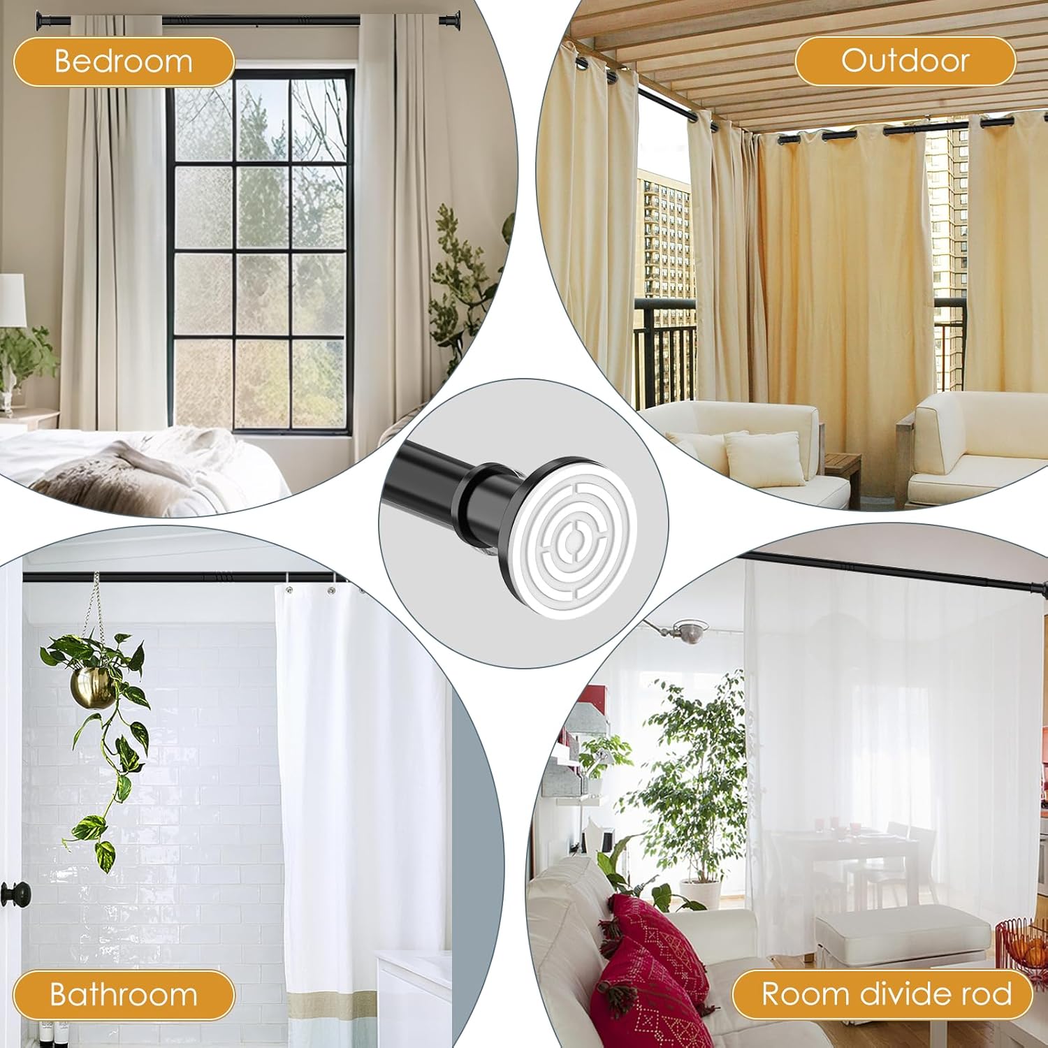 Skiennix Adjustable Tension Shower Curtain Rod - Heavy Duty, No Drill, 30 to 120 Inch, Black