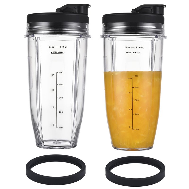 Replacement 24oz Cups for Nutri Ninja Blenders, Blender Replacement Parts with Upgraded Lid for BL450 BL454 BL480 BL482 BL640 BL642 BL682 BN801 SS101 SS351 SS401, Ninja Blender Auto IQ Blade, 2 Packs