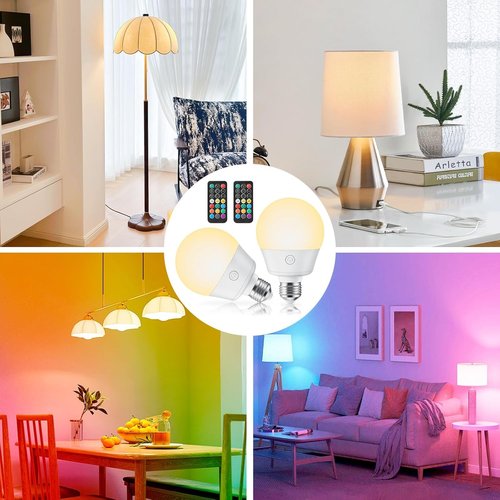 Brightown E26 Rechargeable Light Bulb - Remote & Timer, Dimmable with 3 Color Temperatures + 9 RGB Colors | 2 Pack