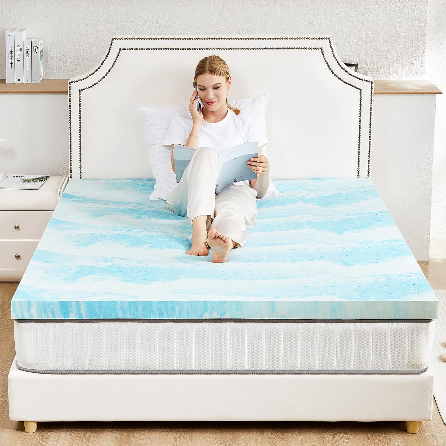 Sweetcrispy Memory Foam Mattress Topper - 3 Inch Thick Gel-Infused Cooling Pad for Twin Size Bed | CertiPUR-US Certified, Breathable Blue