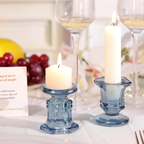 Blue Candlestick Holders - 12 Pcs Glass Candle Holders Set | Crystal Taper Candle Holders for Weddings & Home Decor