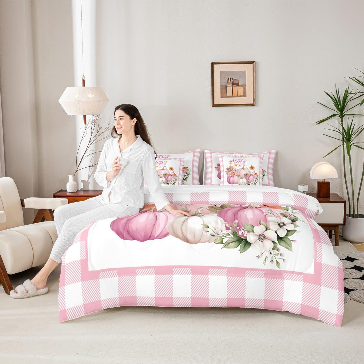 Feelyou Kids Pink Fall Comforter Set Full Size 7 Pieces Comforters Fall Pumpkin Floral Bedding Set Autumn Harvest Grid Bed Set Bed in a Bag with Comforter, Sheets, Pillowcases & Cushion Covers