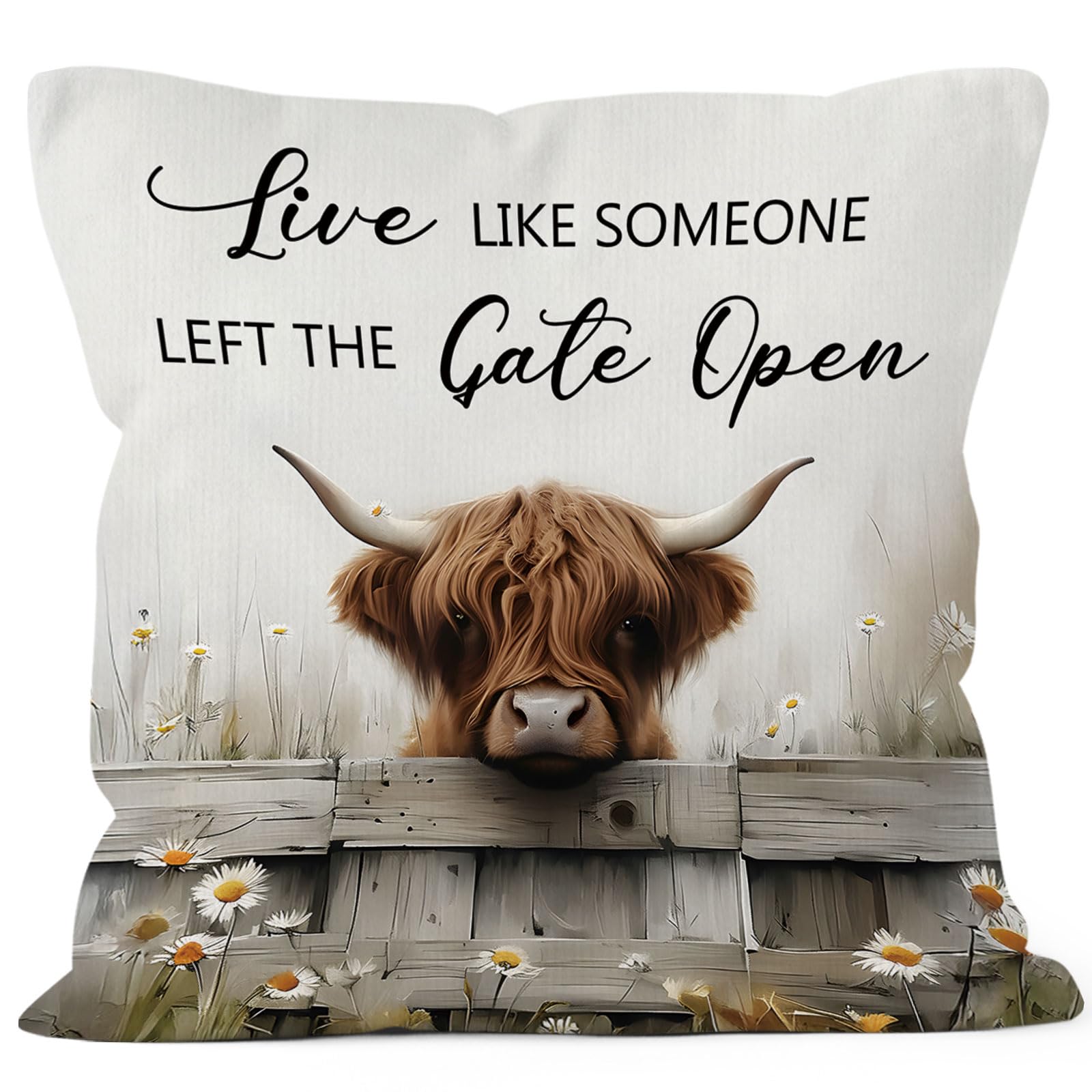 MONALET Highland Cow Farmhouse Throw Pillow Covers 18x18, Live Like Someone Left The Gate Open Decor Pillow Cases for Bedroom Living Room, Rustic Hyland Highland Cow Gifts Pillowcases for Couch Bed