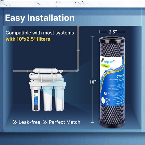 EXCELPURE 1 Micron 10" x 2.5" Whole House CTO Carbon Water Filter Cartridge Replacement for Home Countertop System, Dupont WFPFC8002, WFPFC9001, FXWTC, SCWH-5, WHEF-WHWC, WHCF-WHWC, CTO10, T01, 4PACK