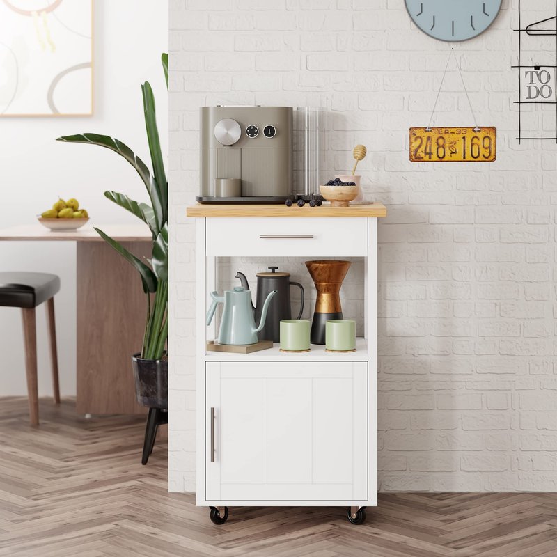 Shintenchi Kitchen Island Cart with Storage,Rolling Side Table on Wheels with Worktop,Single Door Cabinet and Drawer for Dinning Room, White