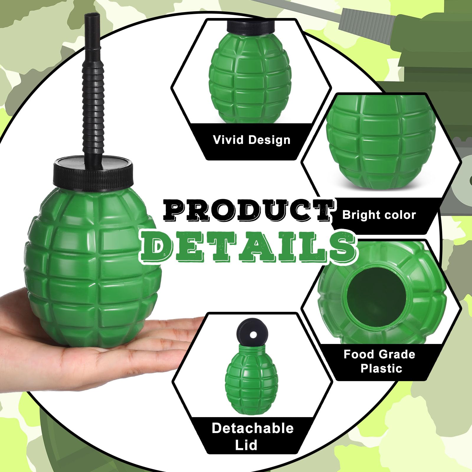 Tanlade Army Birthday Party Camo Party Supplies Grenade Cups with Straws and Lids, 10 oz Plastic Grenade Shape Cup Reusable Cups Bulk for Army Soldier Camouflage(24 Pcs)