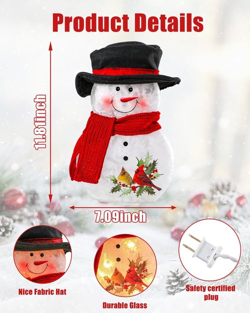 Bdor 11-Inch Glass Snowman Decoration - Light-Up Holiday Ornament with Cardinals & Red Scarf | Indoor Winter Décor