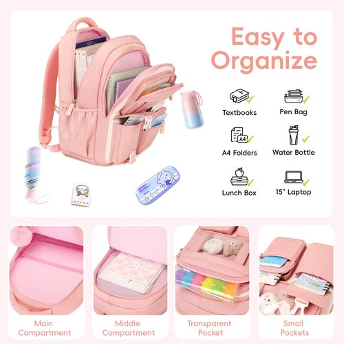 Amythe Girls Backpack with Lunch Box 3Pcs, Kawaii School Bag Set for Kid Elementary Middle School, Multi-Pocket Cute Laptop Bookbag Lightweight, Pink