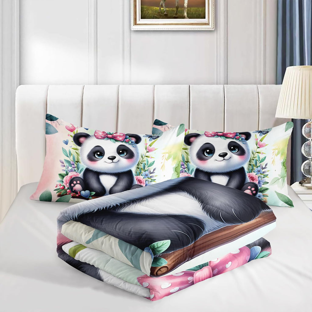 XYNHML Kawaii Black White Panda Comforter 3Pcs Twin Tie Dye Wild Animal Flower Bear Bedding Set for Kid Teen Girl Boy Room Decor Swing Butterfly Botanical Quilt with 1 Comforter and 2 Pillowcases