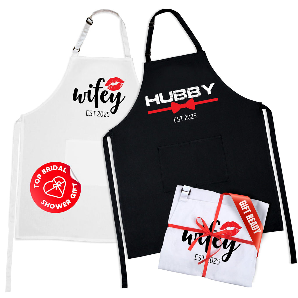 Prazoli Products Mr Mrs Apron Set - Engagement Gifts, Wedding & Bridal Shower Gifts for Couple (Hubby & Wifey Est: 2025, Standard)