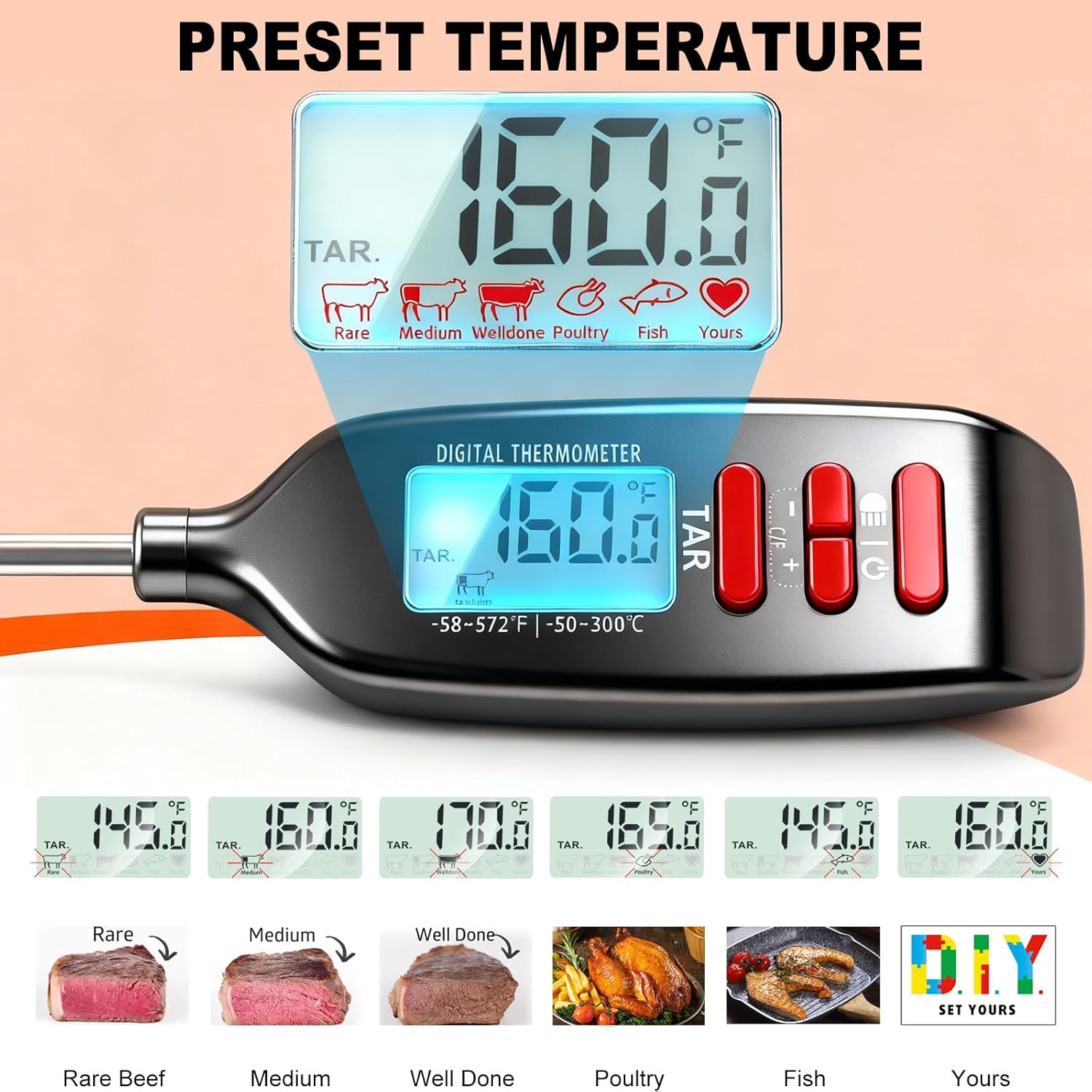 Antonki Digital Meat Thermometer - Instant Read Cooking Thermometer with Long Probe & Backlit Display