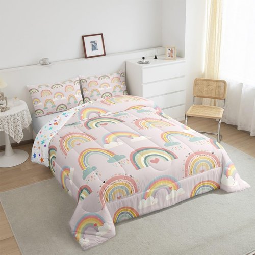 Manfei Girly Rainbow Comforter Set Twin Size, Cute Cloud Heart Bedding Set 2pcs, Cartoon Style Down Comforter for All Season, Kids Boy Girls Room Decor, Lightweight Duvet Insert, 1 Pillowcase