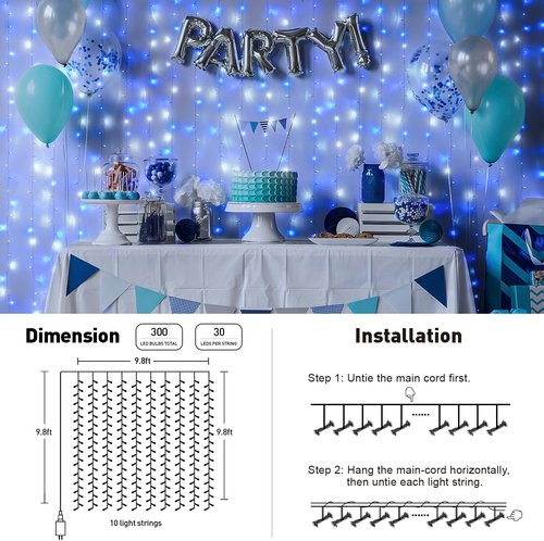 JMEXSUSS 300LED Christmas Curtain Lights - Remote-Controlled Blue & White Fairy Lights | 9.8x9.8ft Indoor/Outdoor Decor