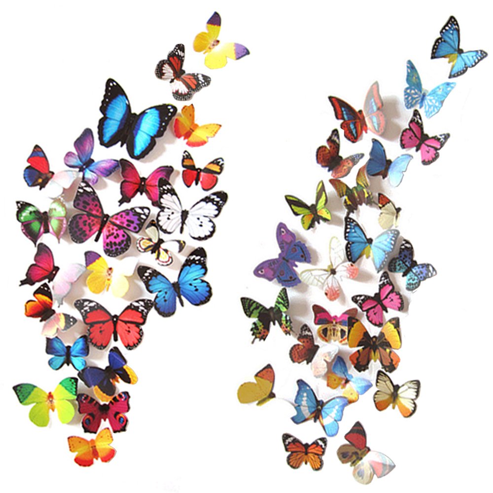 Skiennix Butterfly Wall Decor - 80 PCS Waterproof & Removable Foldable Plastic Stickers for Home & Bedroom