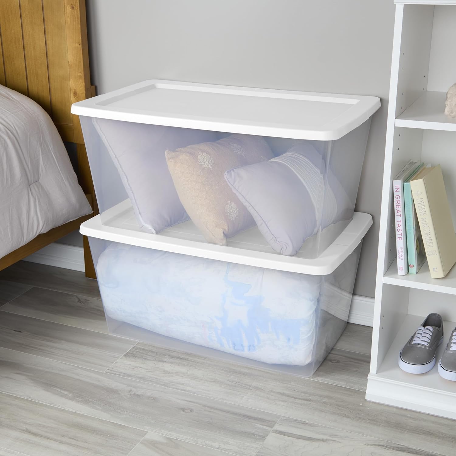 Skiennix 90QT Transparent Storage Boxes - Durable Plastic Containers with Snap-On Lids | 2-Pack, 29" L x 18" W x 13" H