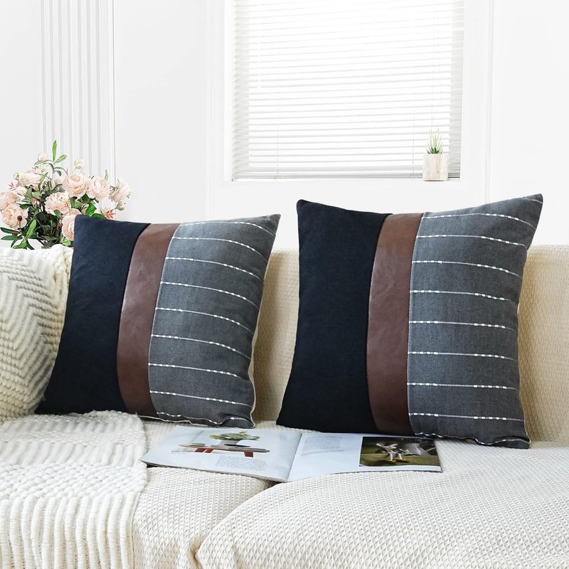 cygnus Decorative Pillow Covers 18x18,Black Linen and Striped Throw Pillow Covers with Dark Brown Faux Leather Accent,Boho Farmhouse Decor Square Cushion for Couch Sofa Livingroom,Gray
