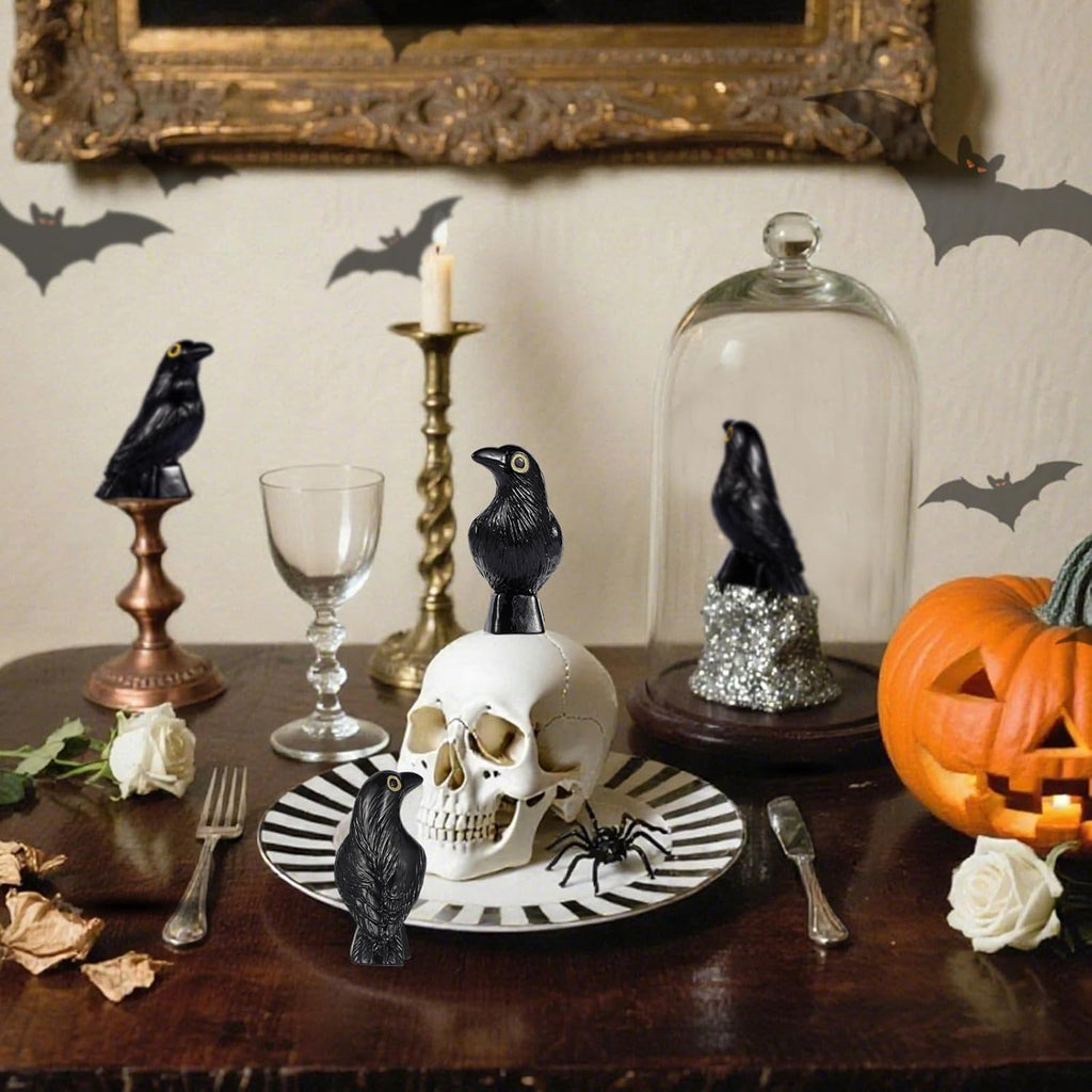 Skiennix Halloween Miniature Crow Figurines - 100 Pcs Tiny Resin Animal Ornaments for Craft & Decor