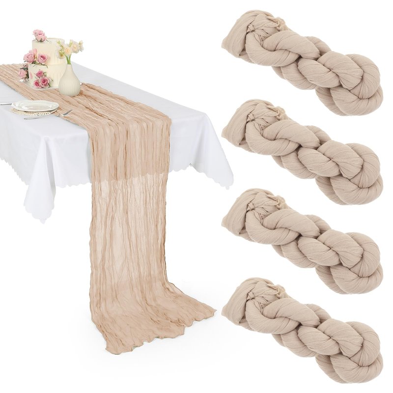 4 Pack Beige Cheesecloth Table Runner, 10ft Boho Gauze Tables Runners Cheese Cloth Vintage Rustic Sheer Runners Romantic Table Runner for Wedding Baby Shower Birthday Party Summer Garden