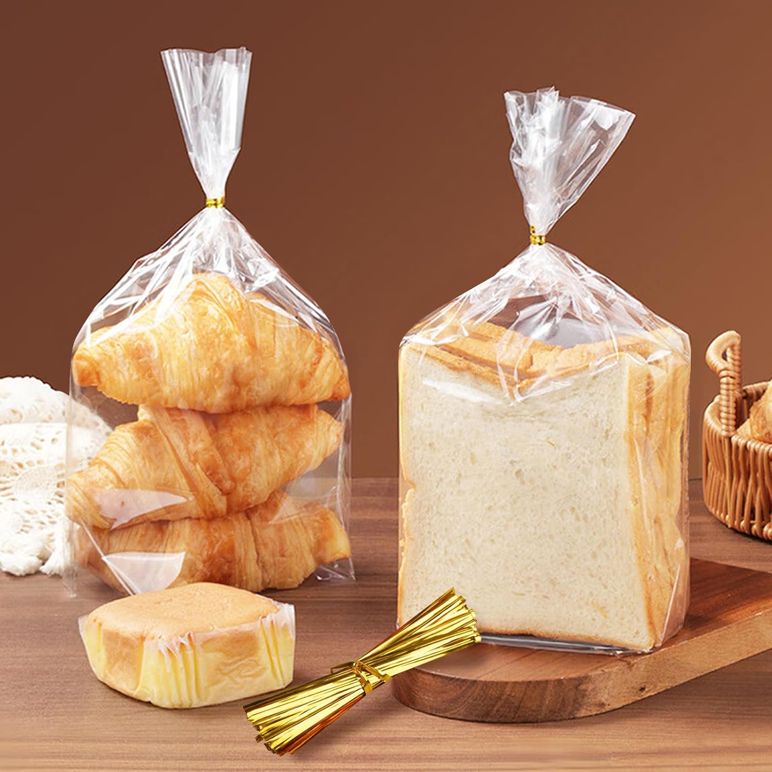 Vivinin Clear Bread Bags - 70 Pack with 100 Ties | 8" x 4" x 18" Reusable Storage for Homemade Bread
