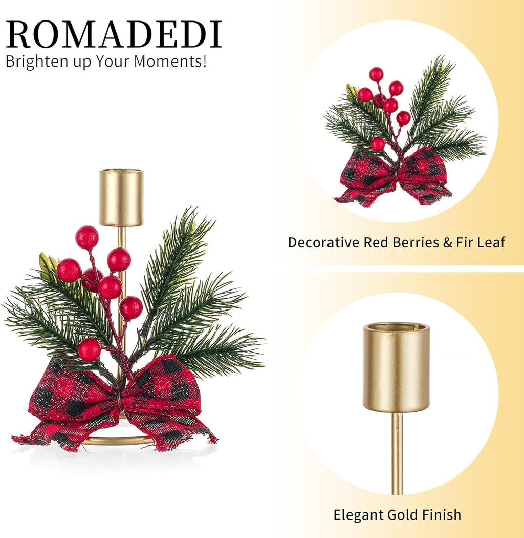 Romadedi Candle Holders - Gold Taper Candlestick Holders with Red Berry Decoration | Set of 2 for Festive Christmas Decor