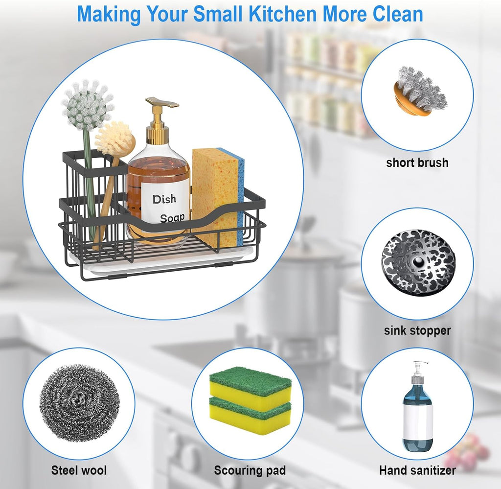 Skiennix Sponge Holder - Multifunctional Rustproof Kitchen Sink Organizer with Detachable Brush Holder & Drain Tray