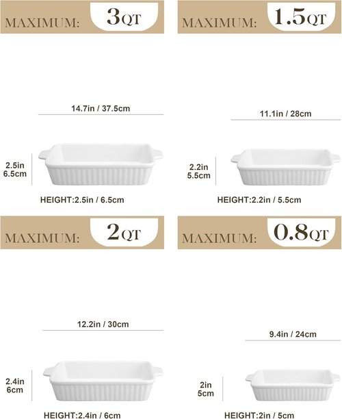MALACASA Ceramic Bakeware Set - 5-Piece Oven Safe Casserole Dishes | Includes 9x13 Large Dish in White