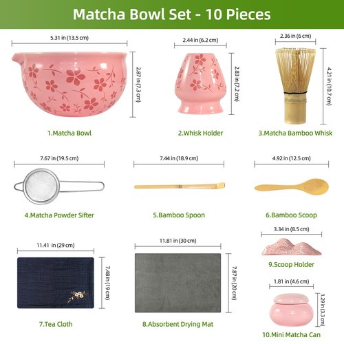 Matcha Whisk Set Pink,Cute Ceramic Matcha Kit Includes Matcha Bowl,Bamboo Whisk and Holder, Scoop Rest,Sifter and Tea Towel,Mini Matcha Can,Gifts and Ceremony Set for Macha Lovers.(Pink)