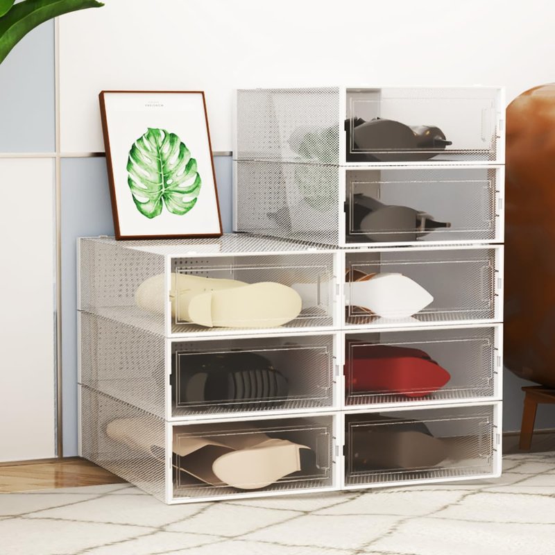 WAYTRIM Modern Clear White Foldable Boots Storage Box, 8 Pack Plastic Shoe Container, 20.5" x 11.8" x 5.5" - Large Capacity, Anti-Dumping, Transparent, Stackable, Ventilated