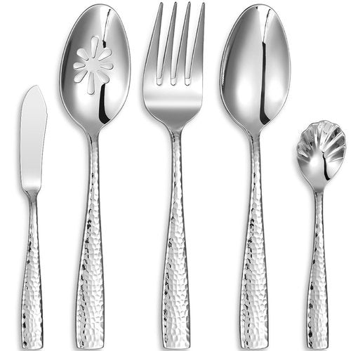 KEAWELL Premium Louis Hammered Serving Utensils, 18/10 Stainless Steel, Squared Edge Design, Mirror Finish, Dishwasher Safe (Hostess Serving Utensil Set)