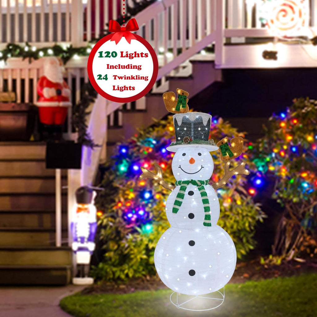 Skiennix Lighted Snowman | Prelit 120 LED Outdoor Christmas Decoration | Collapsible Design for Yard & Porch - Green