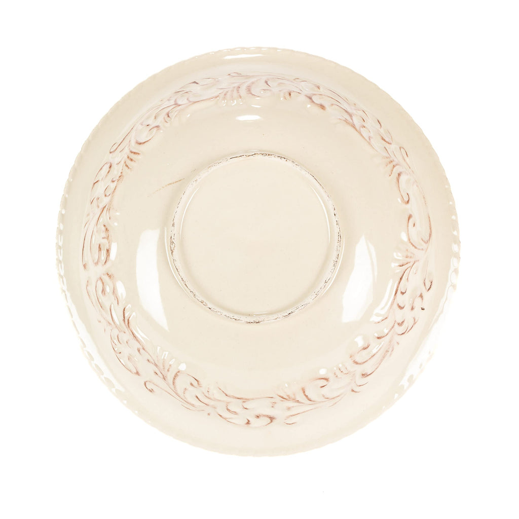 Detailed Embossed Cream Ceramic 9.5-Inch Dia. Bowl With Beautiful Acanthus Leaf Scrolled Metal Base