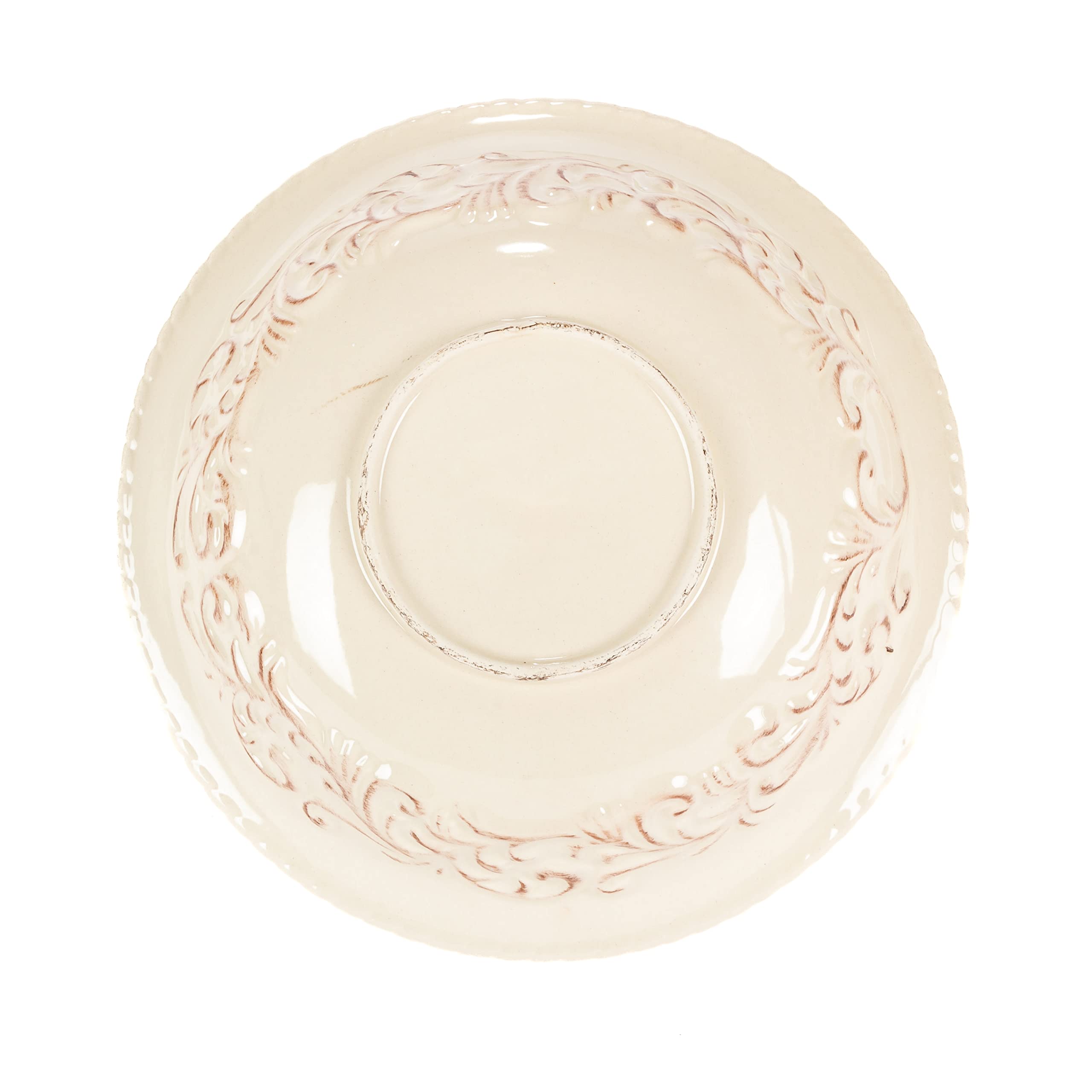 Detailed Embossed Cream Ceramic 9.5-Inch Dia. Bowl With Beautiful Acanthus Leaf Scrolled Metal Base