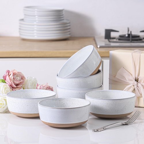 HASENSE 30 OZ Cereal Bowls, Porcelain Soup Bowls for Kitchen, 6 Inch Ceramic Cereal Bowls Set of 6 for Soup, Cereal, Oatmeal and Rice, Microwave and Dishwasher Safe, Bluish White
