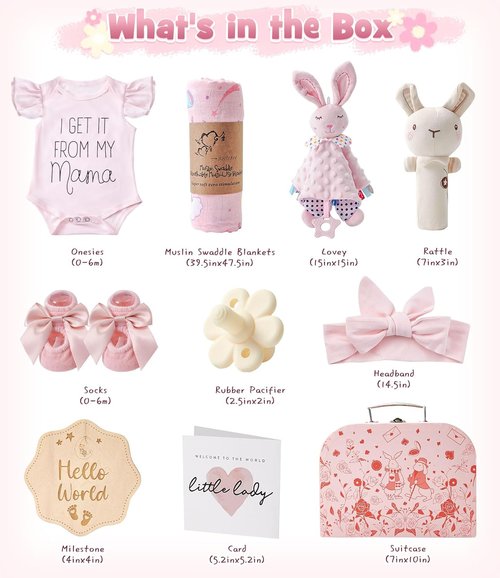 Golray Baby Girl Gift Basket - Adorable Rattle, Blanket & Bodysuit Set | Perfect for Baby Showers & Gender Reveals