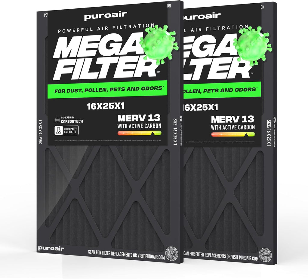 PuroAir MegaFilter - MERV 13 Activated Carbon Air Filter | Heavy-Duty 3-Layer 16x25x1 (2-Pack)