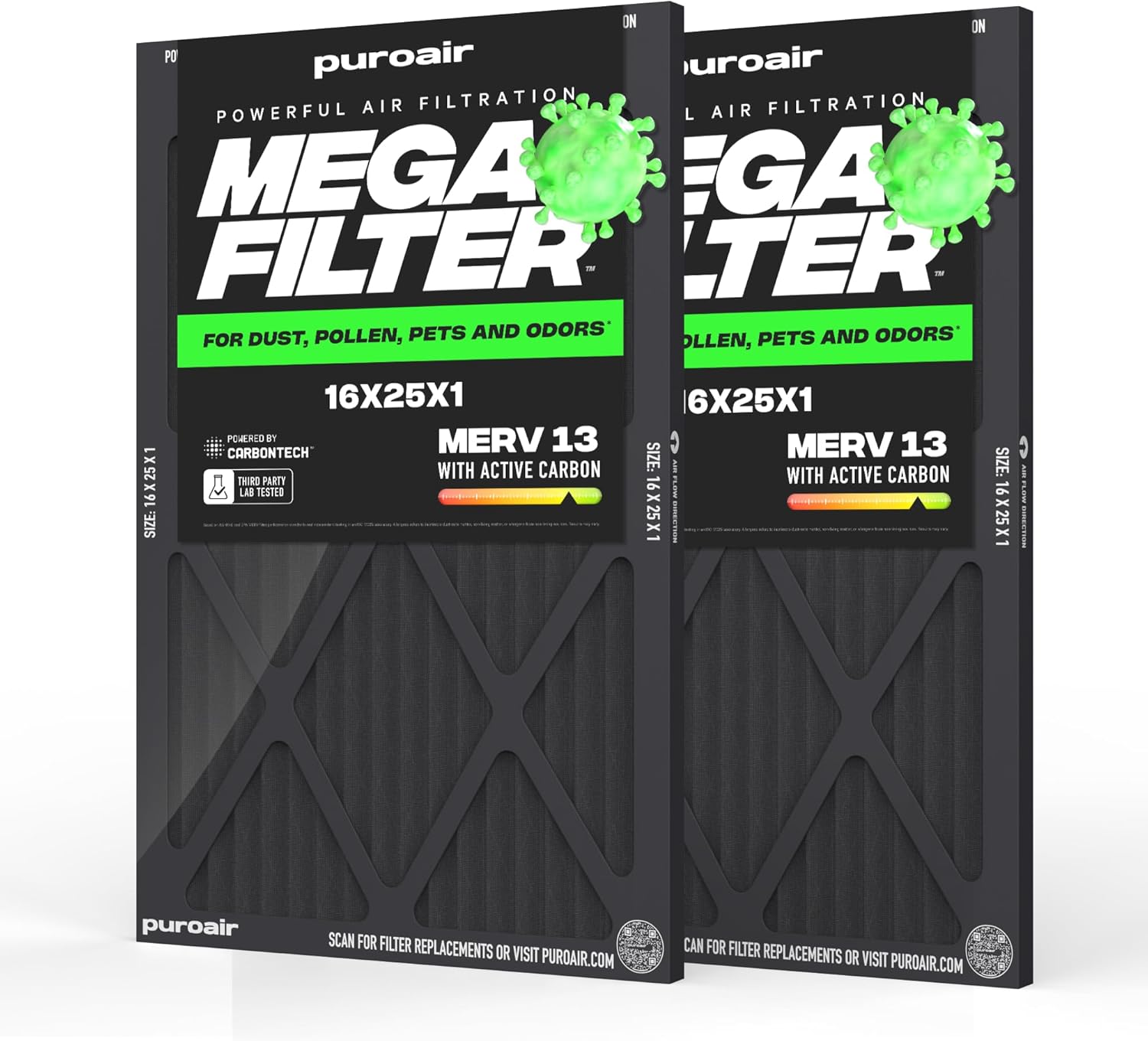 PuroAir MegaFilter - MERV 13 Activated Carbon Air Filter | Heavy-Duty 3-Layer 16x25x1 (2-Pack)