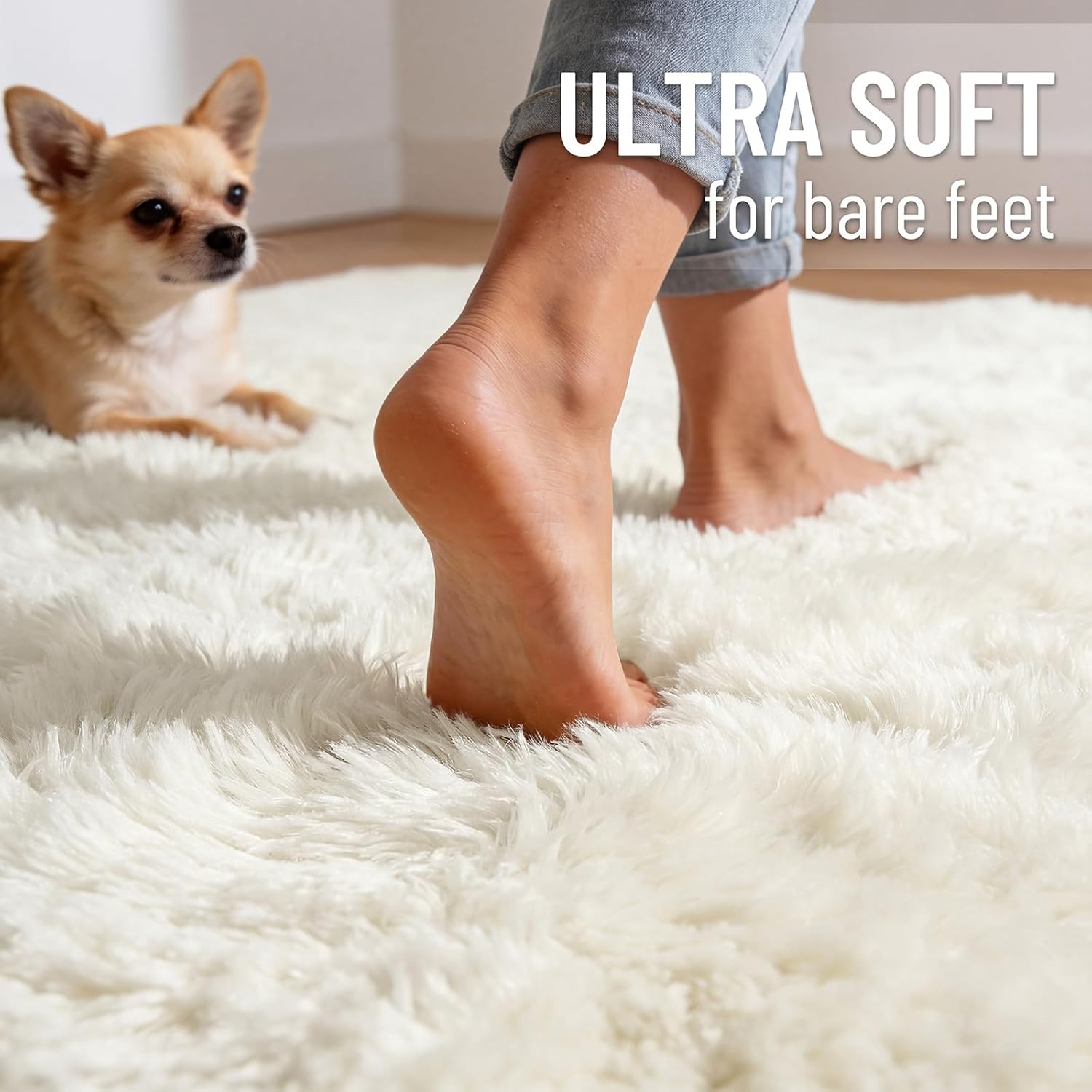 OLANLY Area Rug - Soft Fluffy Shaggy Carpet for Living Room & Bedroom | Machine Washable Ivory 4x7