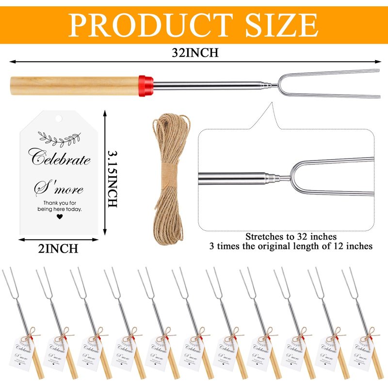 Yoande 12 Sets S'mores Sticks Kit Extendable Roasting Cotton Candy Stick for Fire Pit Camp Bachelorette Decorations One Happy Camper Birthday Party Favor for Wedding Camping Campfire Bonfire Supplies