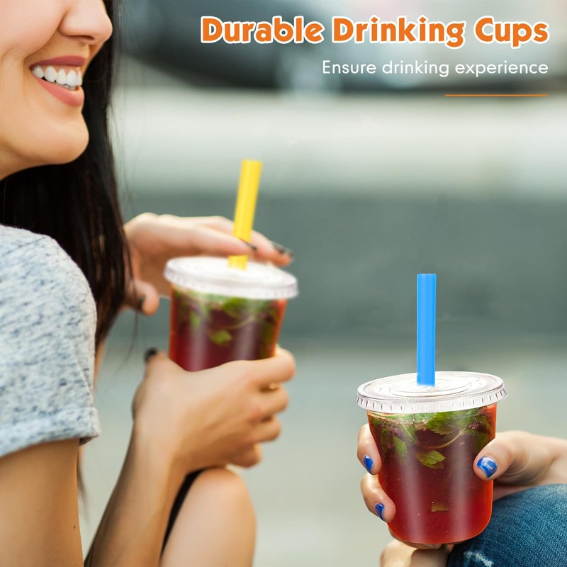 Ziliny 50 Sets Clear Cups with Lids and Jumbo Smoothie Straws Disposable Plastic Cups for Smoothies, Bubble Milk Tea, Milkshakes, Cold Drinks (12 oz)