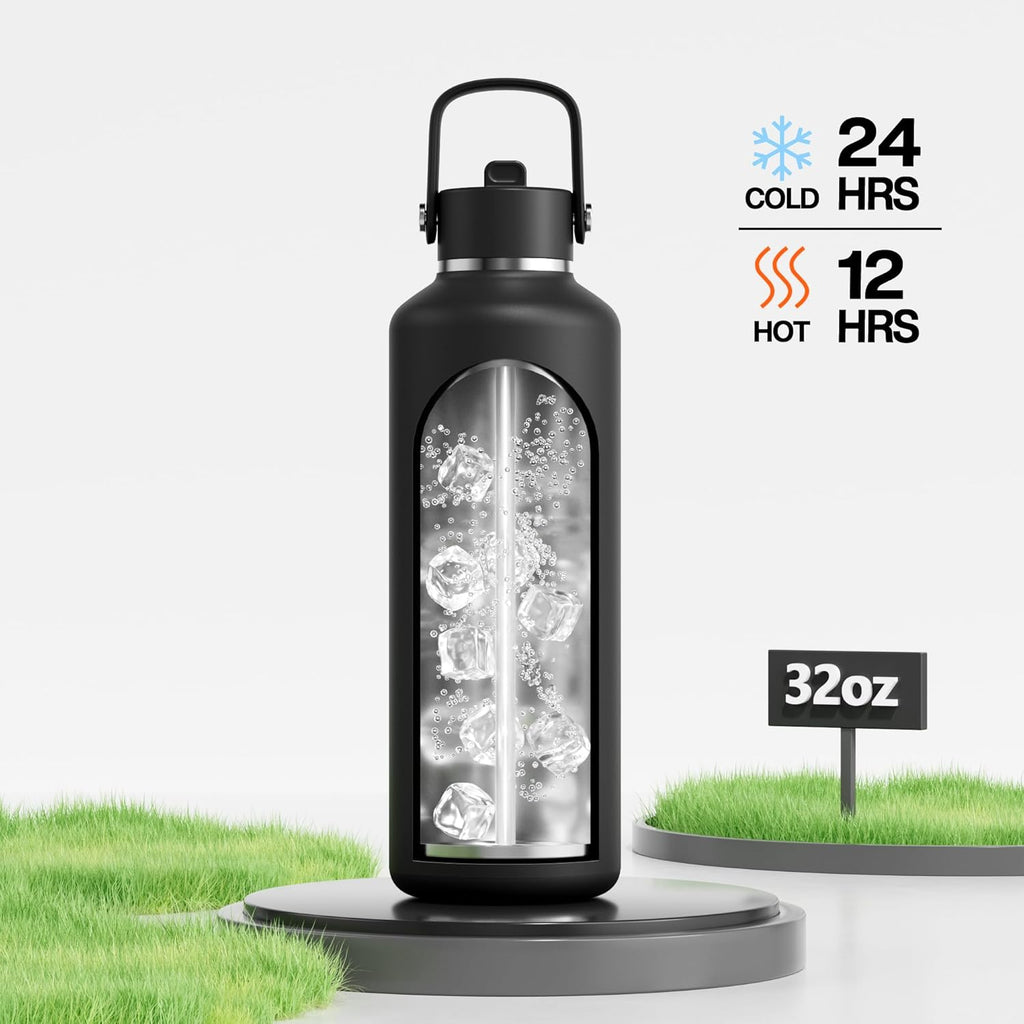 POWCAN 32oz Stainless Steel Slim Water Bottle - Vacuum Insulated, Sweatproof, Lightweight | Midnight Black