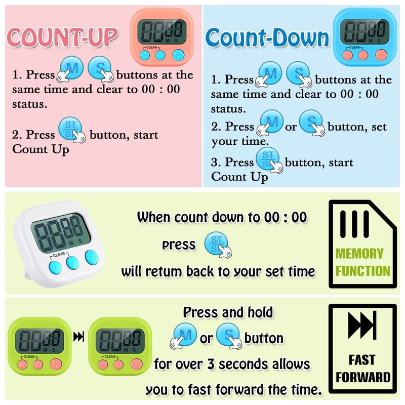 Xuhal 50 Pieces Digital Kitchen Timer Bulk, Small Magnetic Timers for Classroom, Digits Stopwatch Clock Timer for Cooking Baking Sports Games Office, Not Including Battery (Multicolor)