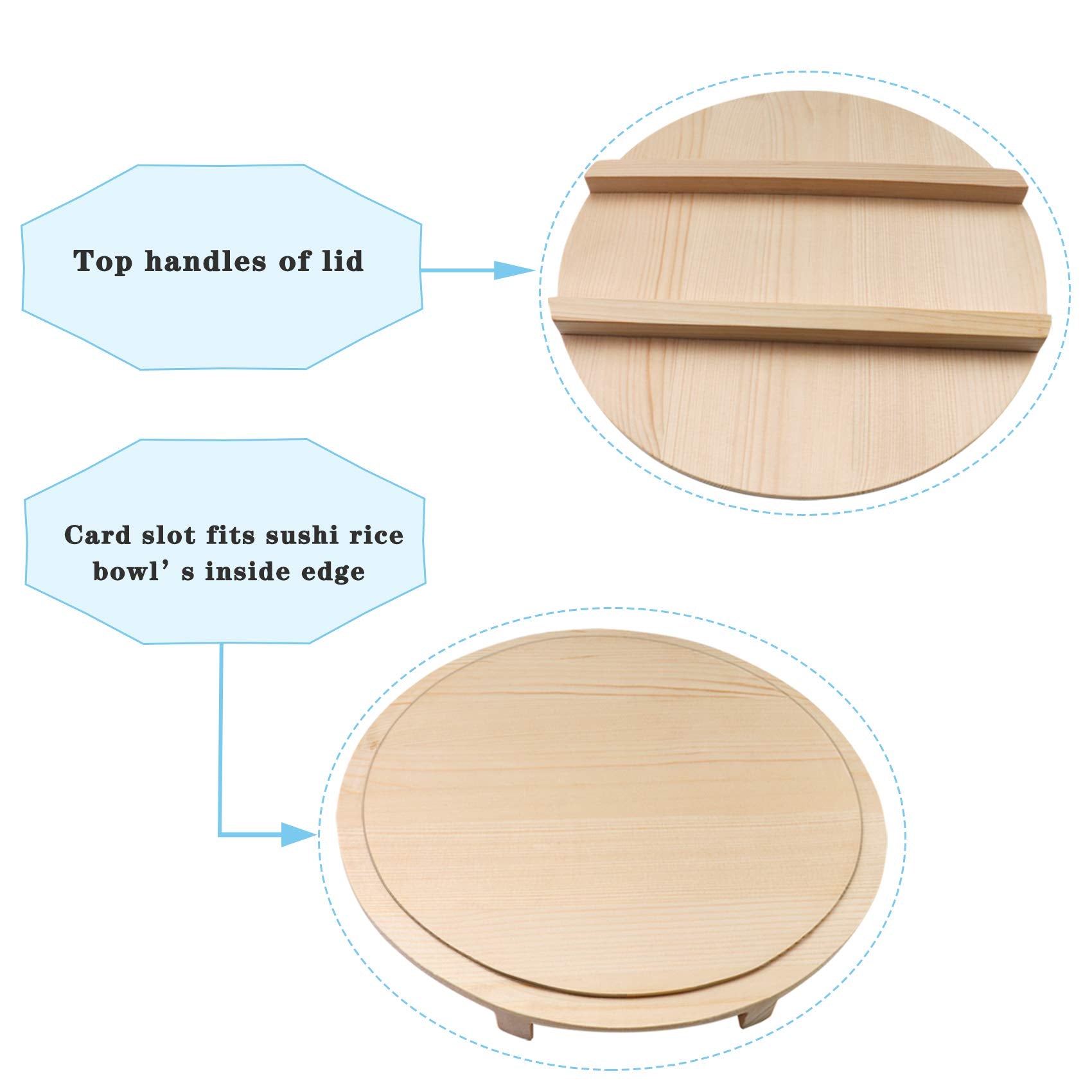 Kichgather Wooden Sushi Rice Bowl with Lid Hangiri Sushi Oke Sushi Rice Mixing Tub (13 “ with lid)