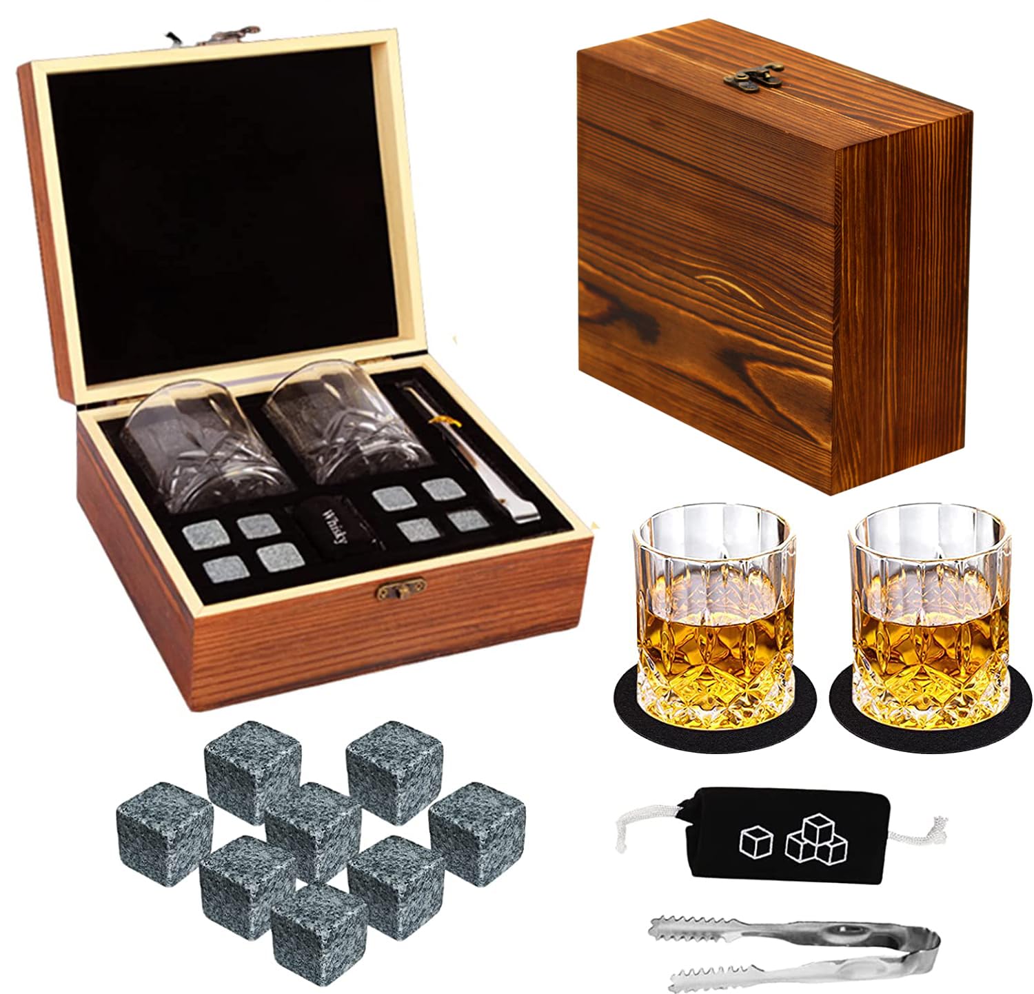 Whiskey Stones Gift Set - DIOXADOP Whiskey Glass Set Gifts for Men, 8 Granite Chilling Whisky Rocks, 2 Crystal Whisky Glasses - Best Gifts for Men Dad Husband Boyfriend Birthday Present